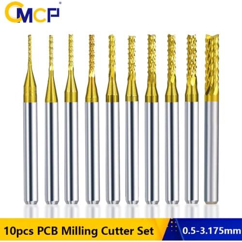 10pcs 0.5-3.175mm Titanium Coated PCB Milling Cutter Set Carbide CNC End Mills For Engraving Machine End Milling Cutter