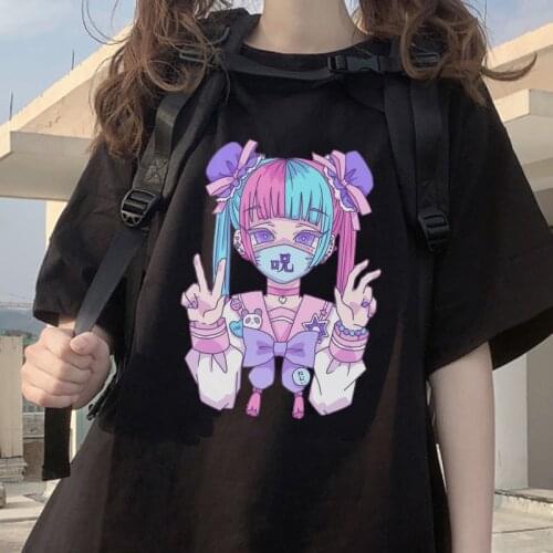 Japanese cartoon print Summer Ulzzang gothic Fashion loose short sleeve Vintage casual female casual Harajuku plus size T-shirt