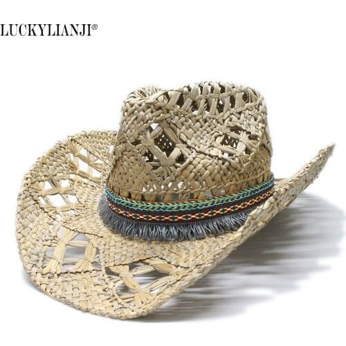 LUCKYLIANJI Womens Mens Unisexs Vintage Wide Brim Straw Sun Beach Cowboy Cowgirl Western Hat Ethnic Style Braid Band (58cm)