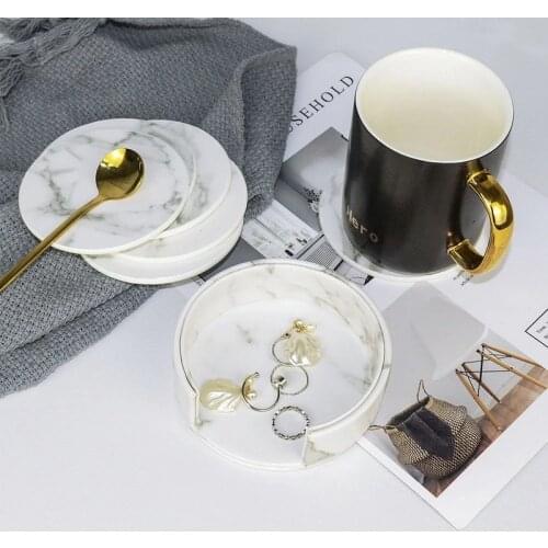 Marble Color Heat Resistant Drink Coasters Bar Table Cup Mats Coffee Mug Tea Pads Non Slip Round PU Leather Placemats Home Decor