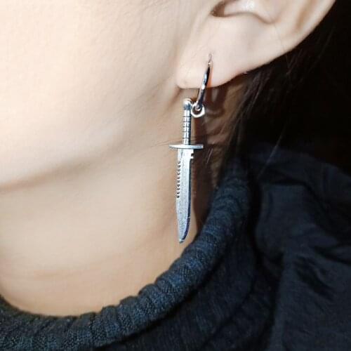 Tibetan Silver Color Knife Pendant Men Hoop Earrings Chic Trendy Female Man Jewelry