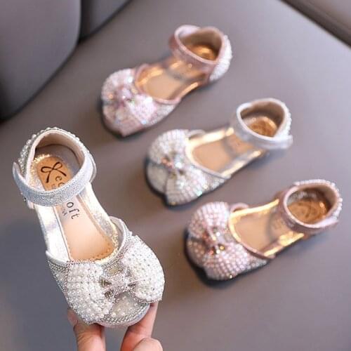 2021 New Girls Shoes Children Rhinestone Butterfly Pearls Girls Princess Shoes for Wedding Party Dance Kids Single Shoes E729