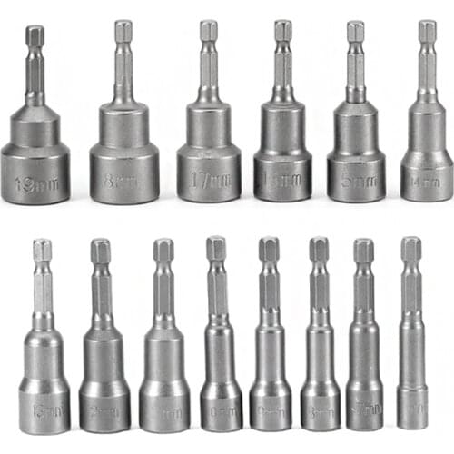 14Pcs Metric Socket 1/4" Hex Shank Impact Drill Bit Adapter 6mm~19mm Professional Magnetic Nut Driver Set For Power Tools