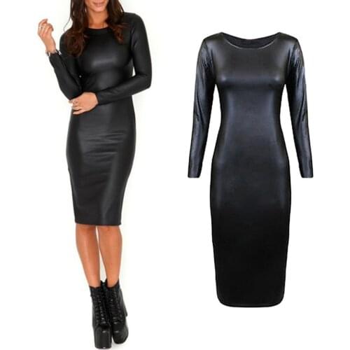 2019 New Slim Fit Night Club Sexy Women Long Sleeve Crew Neck Faux Leather Bodycon Comfortable Midi Dress