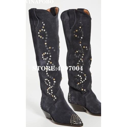 Top Quality Cow Suede Knee High Long Boots for woman Inlay Rivet Embroidery Kitten Heel Cowboy knight Boots Winter Shoes women
