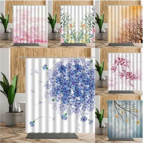 Nordic Handpainted Plant Flowers Shower Curtain Blue Pink Flower Background Pattern Bathtub Decoration Waterproof Bath Curtains