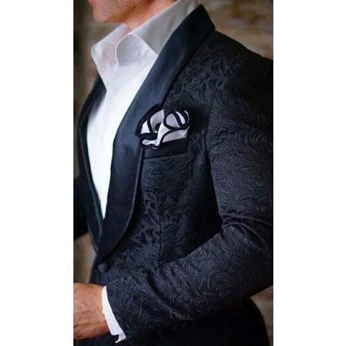 High Quality One Button Black Paisley Groom Tuxedos Shawl Lapel Groomsmen Mens Suits Blazers (Jacket+Pants+Tie) W:735