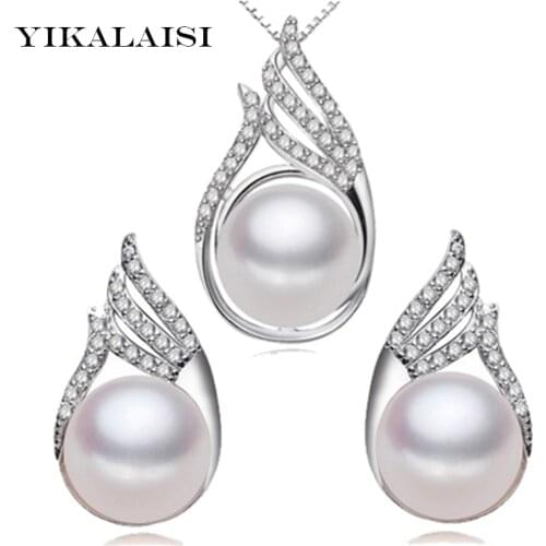 YIKALAISI 925 Sterling Silver Chain Natural Freshwater Pearl Pendant Earrings Fine Sets Jewelry For Women 10-11mm pearl size
