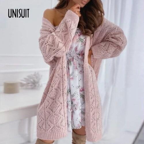 Women Hollow Out Knitted Long Cardigan Sweater Autumn Casual Office Female White Outwear Long Sleeve Sweater 2021 Loose Coat
