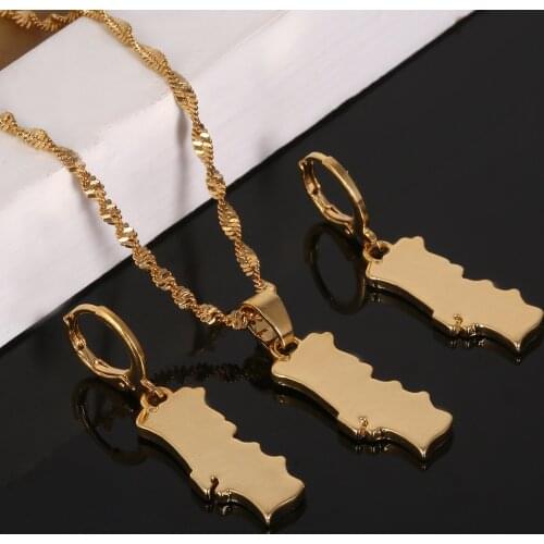 Gold Color Portugal Map Pendant Necklace Earring Portuguese Map Charm Jewelry Set