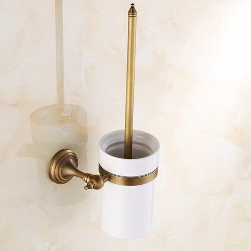 Antique Brass Wall Mounted Toilet Brush & Holder Set White Brush Ceramic Cup Bathroom Accessory aba749