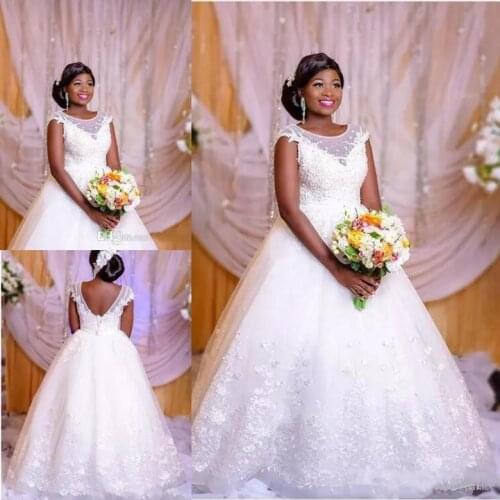 White Princess Lace A-line Wedding Dresses 2021 African Sheer Scoop Neck Lace up Back Plus Size Bride Dress Wedding Gowns