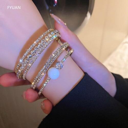 FYUAN Shine Golden Geometric Multilayer Rhinestones Bracelet & Bangles For Women Pearl Cuff Bracelets Weddings Jewelry