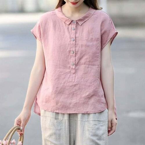 Cotton Vintage Blouse Female Linen Top Summer Women Shirt Plus Size Peter Pan Collar Loose Casual Short Sleeve Shirts Solid