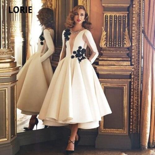 LORIE Ivory Short Prom Dresses with Long Sleeve Women Formal Dress Black Lace Tea Length Elegant Evening Party Gown Dubai Arabic