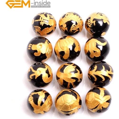 Gem-inside Natural Round Gold Carved Dragon Turtle Tiger Phoenix Black Agate Beads For Jewelry Making DIY 4 Pieces For Sell