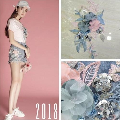 LASUI hot sell 40 cm* 20 cm/1 pcs Exquisite multicolor Beaded 3D flowers embroidery mesh brilliant Lace Applique Patch 0274