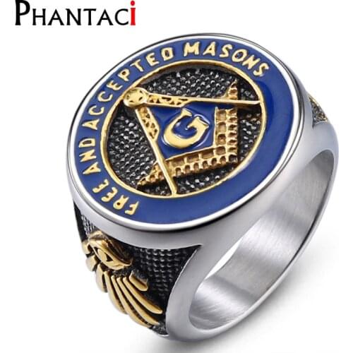 No Fade High Quality Stainless Steel Rings For Men Mason Freemasonry Retro Mens Ring Masonic Ring Hiphop Silver Color Anillos