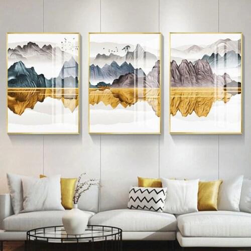New Chinese Style Landscape Ink Black Bird Yellow Mountain Reflection Canvas Painting Wall Picture Poster Living Room Decoration