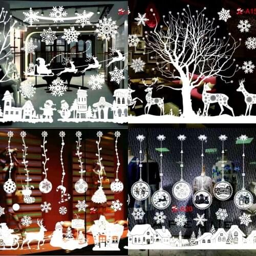 Christmas Window Stickers White Elk Snowflake Window electrostatic Stickers For Home Decoration New Year 2022 DIY Decorative