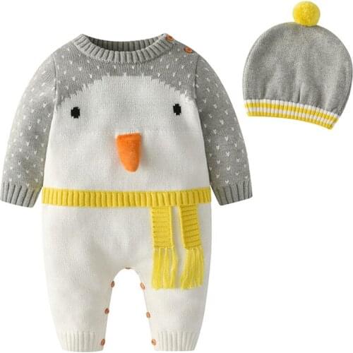 Newborn baby toddler girl winter clothes cute penguin knitted cardigan cotton sweater baby boy girl romper