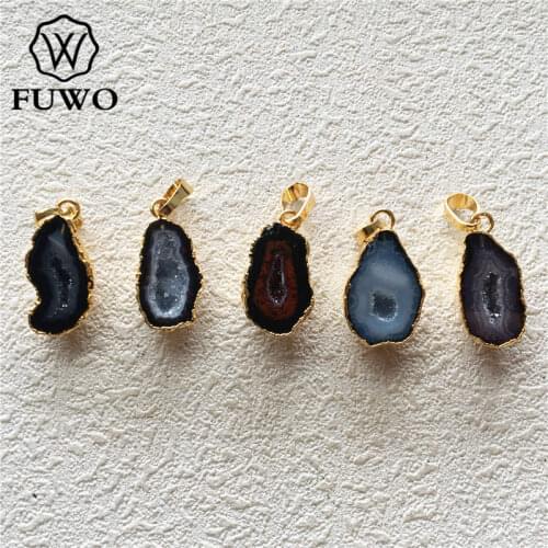 FUWO Wholesale Tiny Tabasco Geode Pendants 24K Gold Electroplate Single Bail Druzy Agates Fashion Jewelry PD021