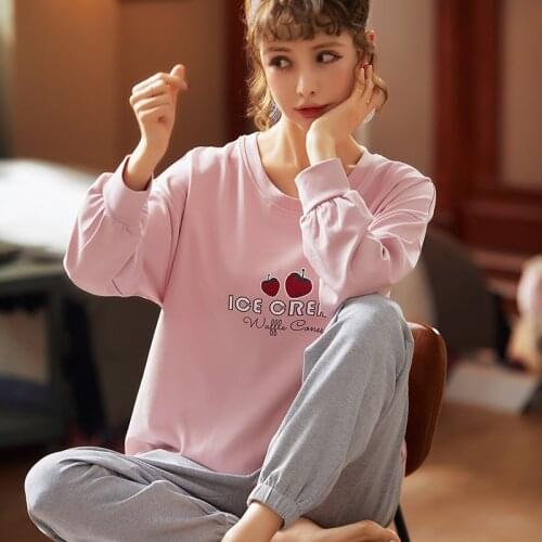 Autumn New Womens Homedress Pajamas Sets Long Sleeve Full Trousers Nightgown Round Neck Sleepwear Cotton Casual Home Clothing