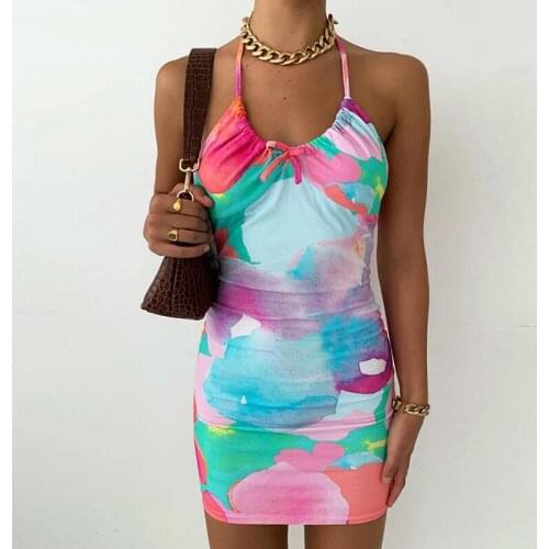 Floral Halter Neck Dress Summer Sleeveless Sexy Backless Fashion Beach Vaction Dresses Mini Clubwear Sukienka Vestidos D010