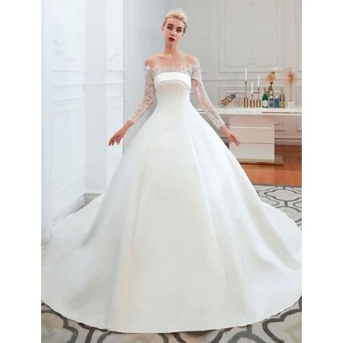 Vintage Wedding Dress 2020 Off The Shoulder Long Sleeve Princess Satin Floor Length Bridal Gowns With Train