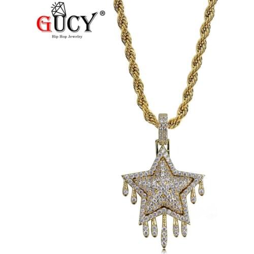 GUCY New Iced Out Metor Drip Star Pendant & Necklace Micro Pave Cubic Zircon Stones Water Drop Charms Hip Hop Mens Jewelry Gift