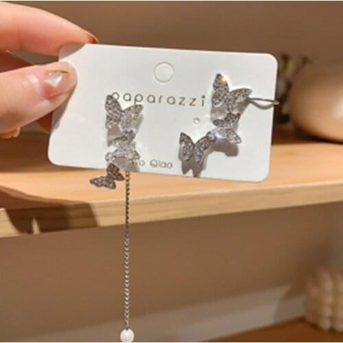 S925 Silver Needle Korean Asymmetric Imitation Rhinestone Butterfly Long Temperament Net Red Personality Super Fairy Stud Earrin