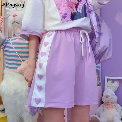 Shorts Women Purple Kawaii Heart Sweet Girls Patchwork High Waist Ins Students Fashion Drawstring Korean Style Loose Summer Chic
