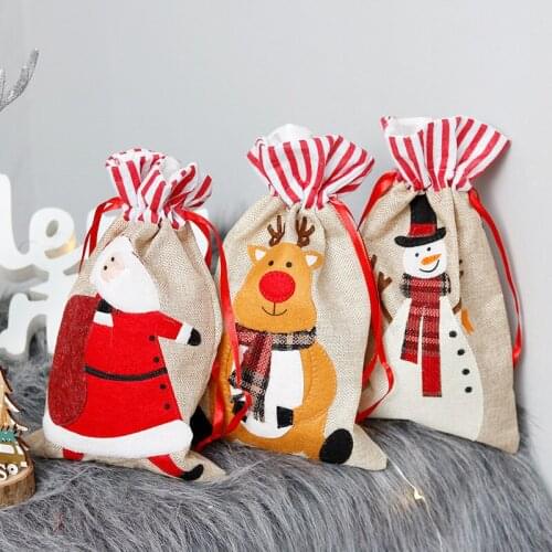 Christmas Decoration Drawstring Bag Linen Stereoscopic Embroidery Kids' Gift Bag Candy Bag Storage Bag Non-woven Bundle Pocket