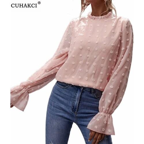 CUHAKCI Sexy Polka Dot Solid Color Mesh Blouses 2021 Women Deep V Neck Top White Jacquard Fashion Shirt Female Long Sleeve Shirt