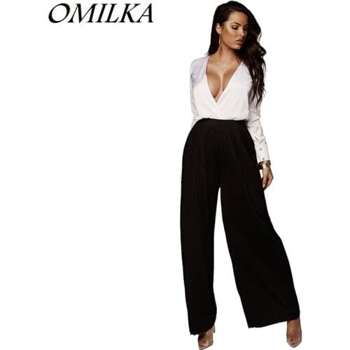 OMILKA 2019 Autumn Winter Women High Waist Wide Leg Pleated Pant Casual Loose Black Blue Beige Club Party Chiffon Full Pant