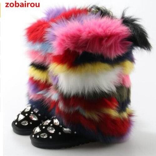 2018 winter woman Ladies fur snow boots leather stockings mixed colors bota feminina crystal girls shoes woman booties flats
