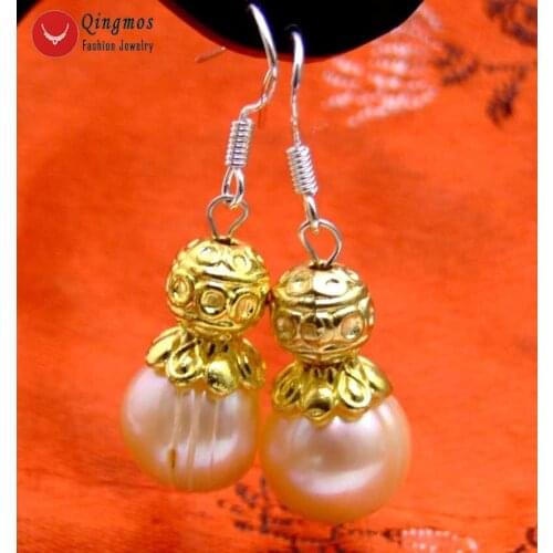 Qingmos Pink Dangle Pearl Earrings for Women with 10-11mm Pink Round Natural Freshwater Pearl Earring Hook Fine Jewelry-ear439