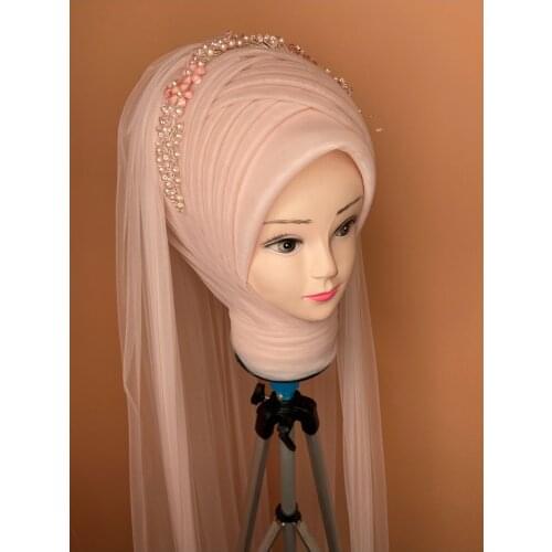 Womens Pink Color Muslim Hijab Scarf Ready to Wear Turban Islamic Headscarf Female Head Wraps lycra tulle Shawl wedding party