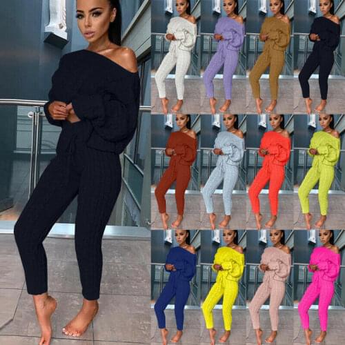 Women Cable Knit Winter 2pc Loungewear Set Knitted Casual Tracksuit look thin