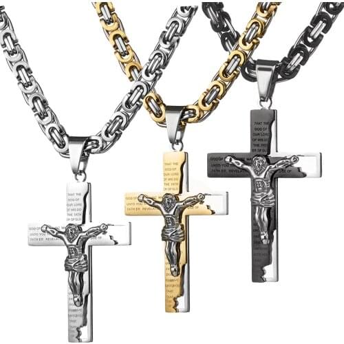 Religious Jesus Cross Necklace For Men Silver Gold Stainless Steel Crucifix Pendant with Chain Necklaces Male Necklace Jewelry