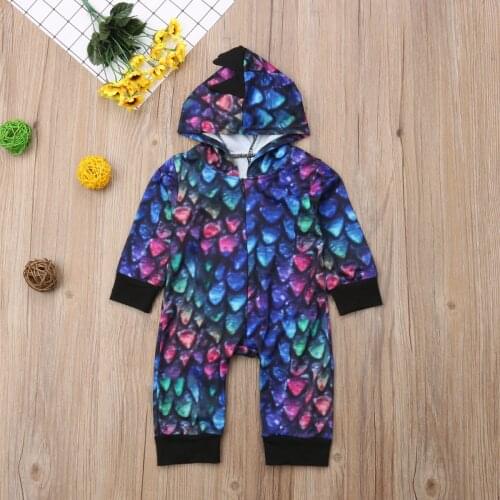 2020 Brand New Toddler Newborn Baby Girl Boy Colorful Dinosaur Romper Long Sleeve Zipper Hooded Jumpsuits Playsuit Outfit 0-24M