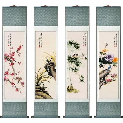 4pc/lot flower painting silk scroll painting traditional flower painting Chinese flower picture In wash painting