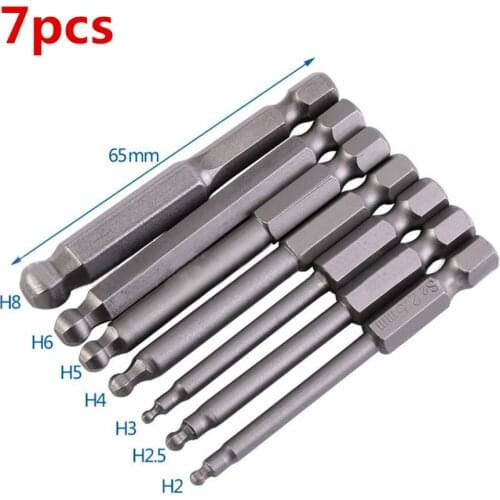 7pcs/set 65mm High Quality Precision H2-H8 Magnetic Ball Head Hex Screwdriver Bit Power Driver Bits S2 steel