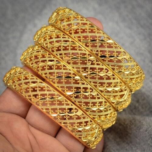 Annayoyo 4Pcs/lot Adjustable Size Gold Color Bangles Exaggerated Trendy Bangles for Ethiopian/African Women Wedding Jewelry