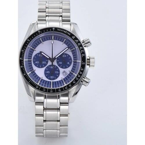 40mm Chronograph Watch Luminous Hands Japan VK Quartz Black dial Steel Strap Bracelet Date Multifunction Men Watch