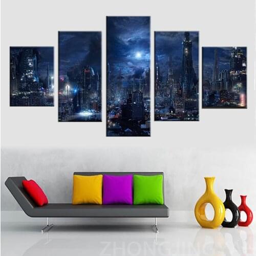 Home Decor Canvas Painting HD Prints Futuristic City 5 Pieces Dark City Night Wall Art Modular Abstract Pictures Artwork Posters