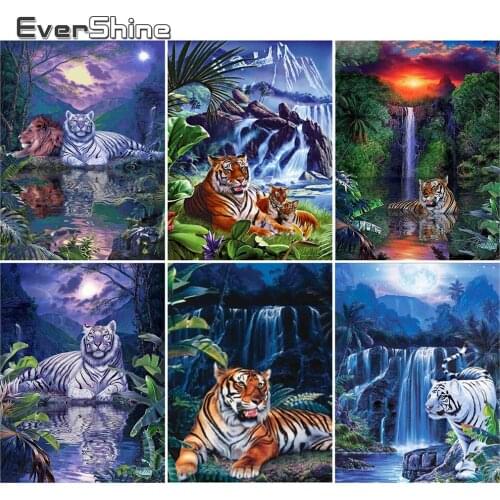 EverShine Diamond Embroidery Scenic Waterfall Cross Stitch Diamond Painting Tiger Full Square Mosaic Rhinestones Handmade Hobby
