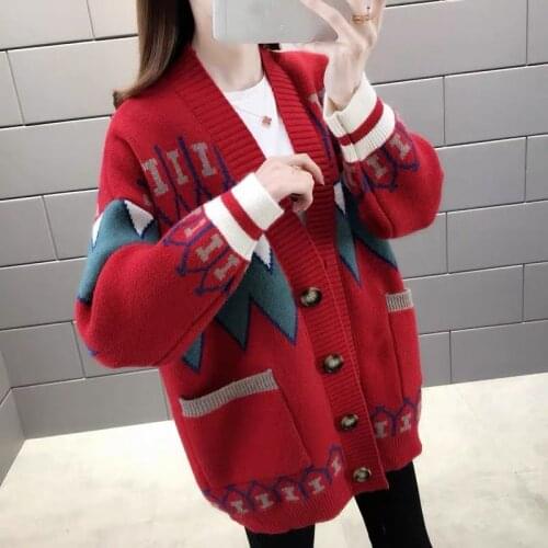 Autumn And Winter New Knitted Cardigan Womens Button Pocket Printed Sweater Coat Large Size Korean Outerwear Fashion