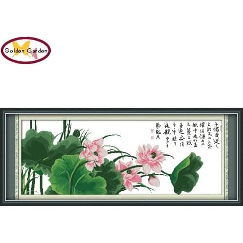 GG Pretty Lotus Cross Stitch Painting Flower Embroidery Kits Joy Sunday 11CT14CT DIY Chinese Cross Stitch Pattern for Home Decor