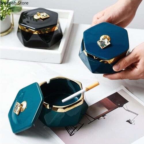 Ceramic Ashtray Creative Home Ashtray with Lid Office Living Room Storage Box Decoration Gold Edge Light Luxury Cigar Ashtray